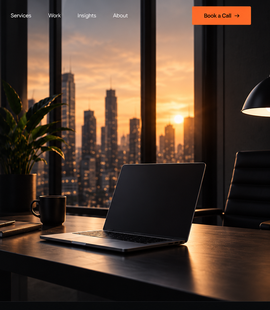 Modern workspace with laptop and city view